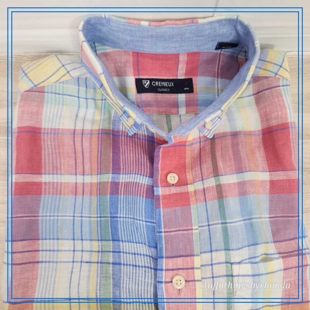 Cremieux Linen Plaid Short Sleeve Button‎ Up Shirt Colorful Mens Size S